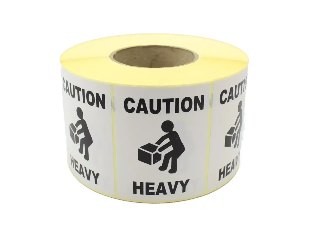 Caution Heavy Warning Labels Stickers – 100mm x 75mm, 500 Per Roll – For Amazon Shipping Boxes