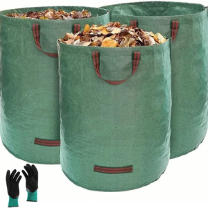3 Pack Large Reusable Garden Waste Bags with Gloves 272L Heavy-Duty Green Yard Trash Sacks
